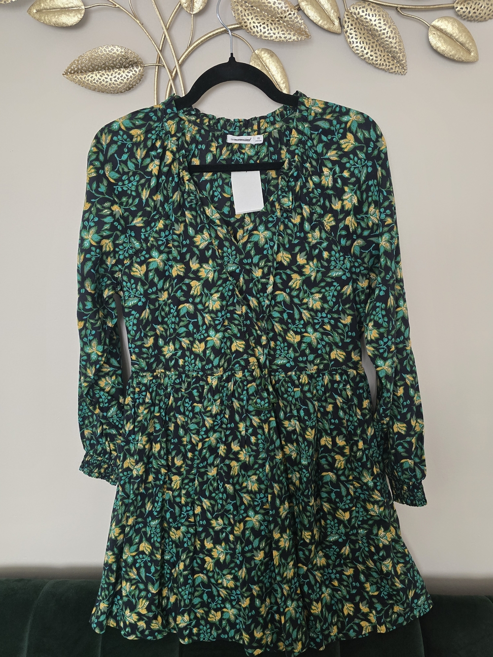 Floral Ruffled Mini Dress in Green and Yellow - Women's Size XS Oversized Cotton